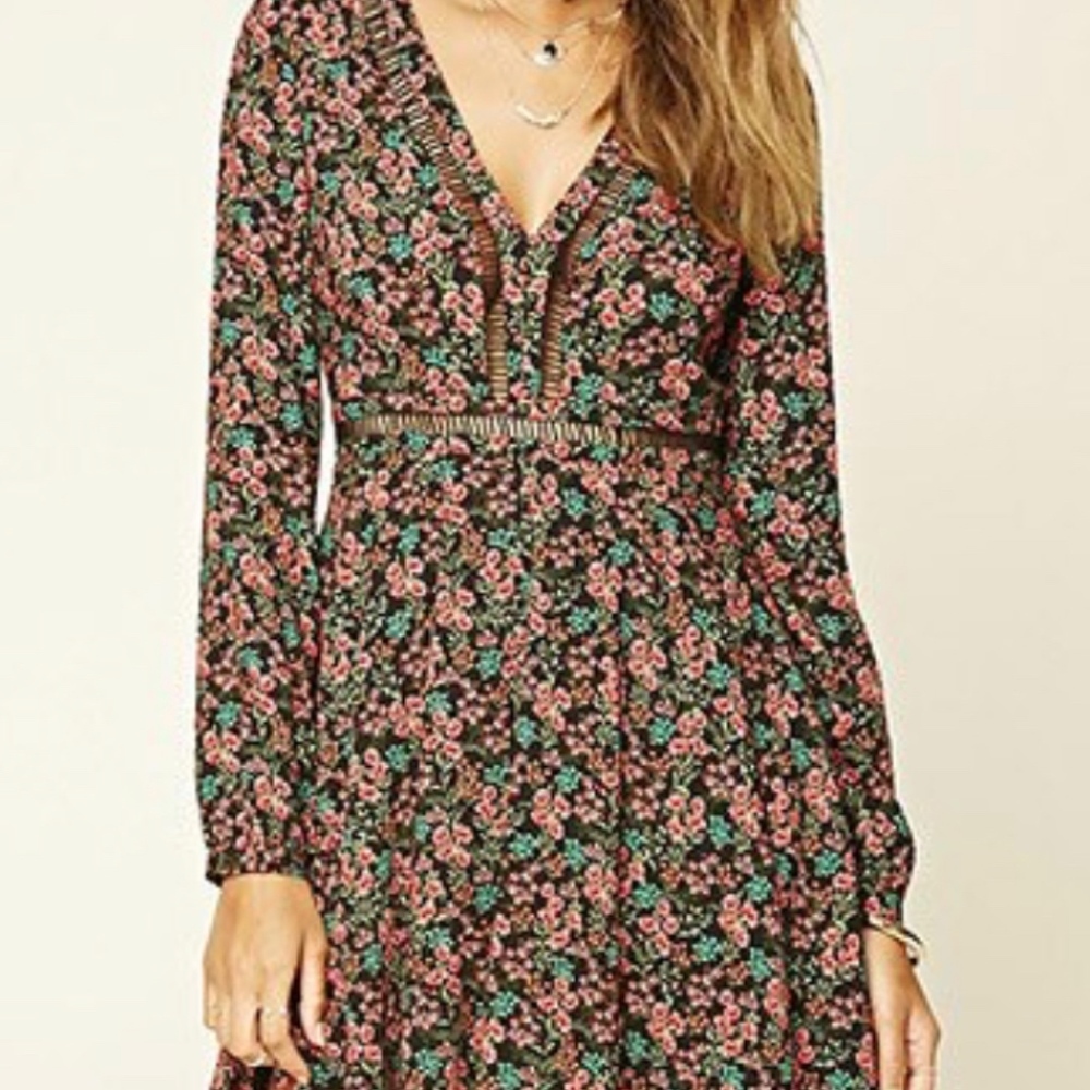 Forever 21 Red Black Floral Long Sleeve Mini Dress - Picture 2 of 7